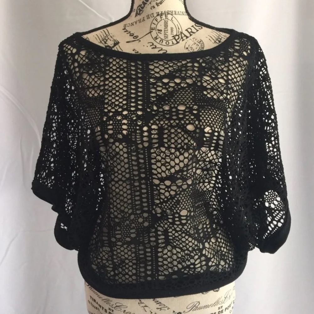 Rainbow Black Crochet Open-Knit Dolman Sleeve Top